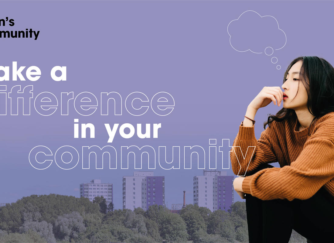 A Photo Of A Lady With A Thought Bubble Over Her Head And North Manchester In The Background With The Words Hobins Community Fund Make A Difference In Your Community