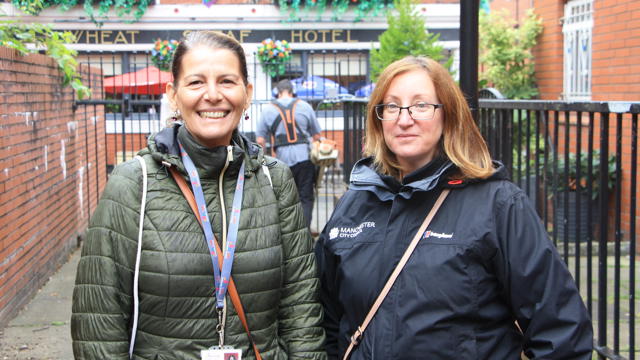 two housing officers doing an estate walkabout in the northern quarter in manchester